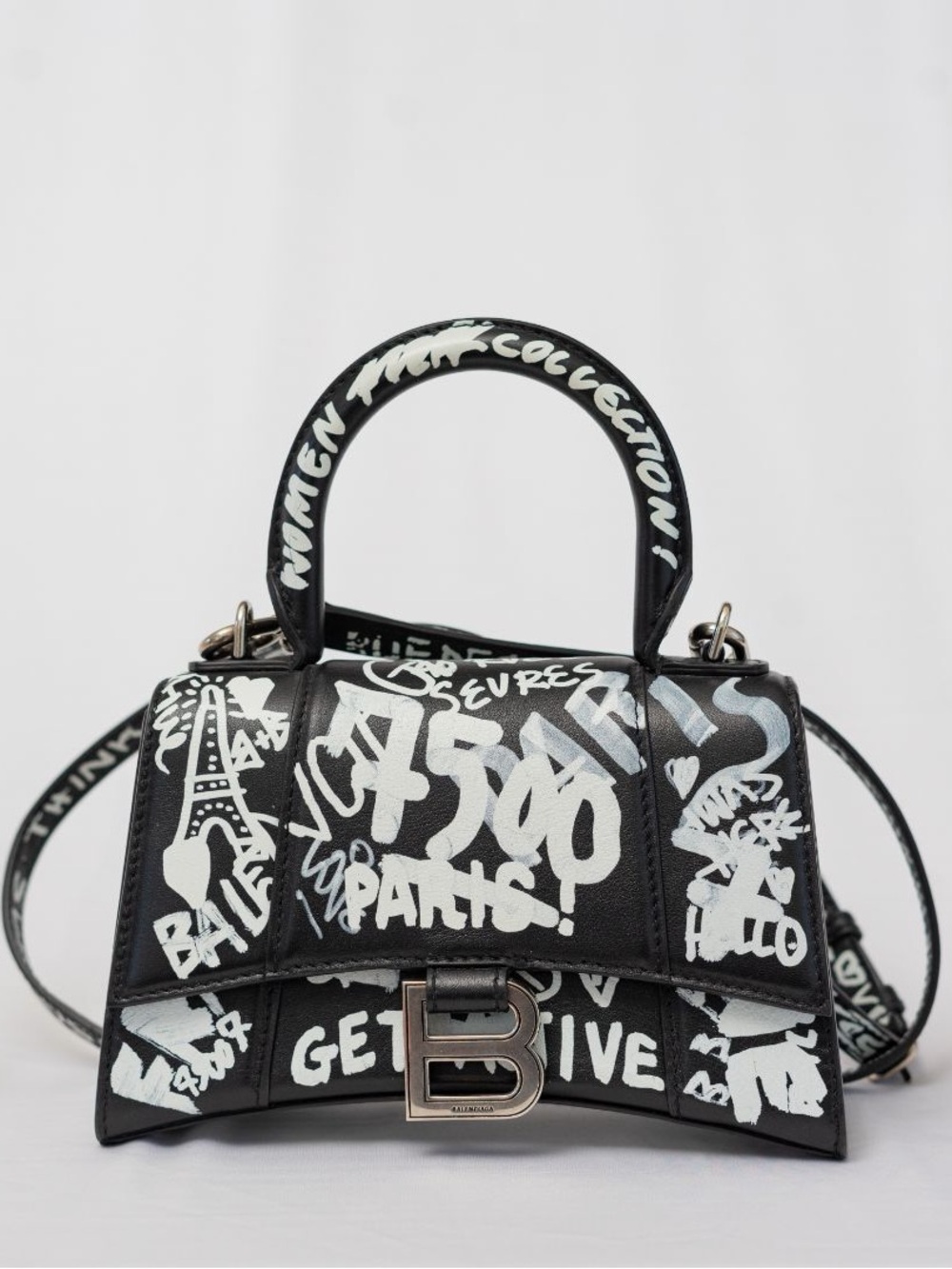 Balenciaga Black and White Graffiti Hourglass Mini Top Handle Bag XS